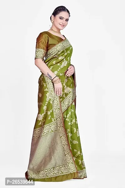 Stylish Premium Mehendi Green Coloured Banarasi Saree With Zari Embellishments And Unstitched Blouse Piece-thumb4