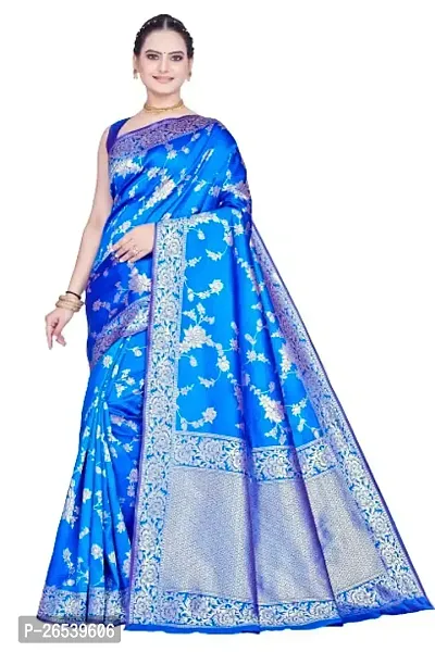 Stylish Premium Blue Coloured Banarasi Saree With Zari Embellishments And Unstitched Blouse Piece-thumb0