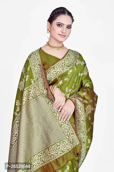 Stylish Premium Mehendi Green Coloured Banarasi Saree With Zari Embellishments And Unstitched Blouse Piece-thumb3