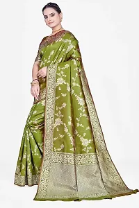 Stylish Premium Mehendi Green Coloured Banarasi Saree With Zari Embellishments And Unstitched Blouse Piece-thumb4