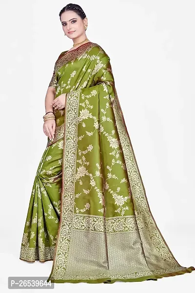 Stylish Premium Mehendi Green Coloured Banarasi Saree With Zari Embellishments And Unstitched Blouse Piece-thumb5