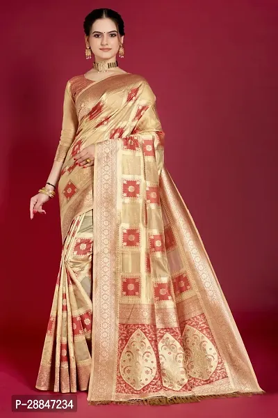 Stylish Beige Organza Saree With Blouse Piece For Women