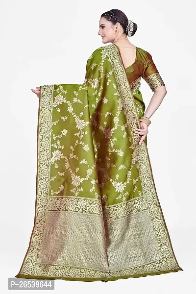 Stylish Premium Mehendi Green Coloured Banarasi Saree With Zari Embellishments And Unstitched Blouse Piece-thumb2