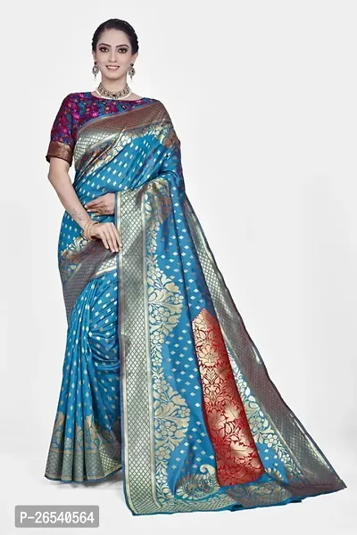 Stylish Silk Blend Zari Saree With Blouse Piece For Women-thumb0