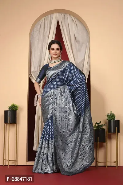 Stylish Navy Blue Art Silk Saree With Blouse Piece For Women