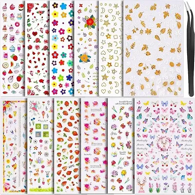 Gleevia 12 Sheets Nail Art Stickers Self-Adhesive, Flower Nail Stickers Butterfly Nail Decals Nail Stickers for Kids Flower Butterfly Stars Fruits Leaves Nail Decoration Stickers for Women