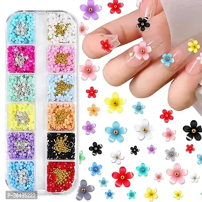 Gleevia 3D Flower Nail Art Kit Nail Decals Nail Charms with Golden Beads for Women Girls, 12 Color DIY Resin Flower Decals for Nails Salon Accessories with Grid Case