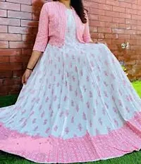 Reliable Pink Rayon Printed Stitched Gown with Jacket Set For Women-thumb1