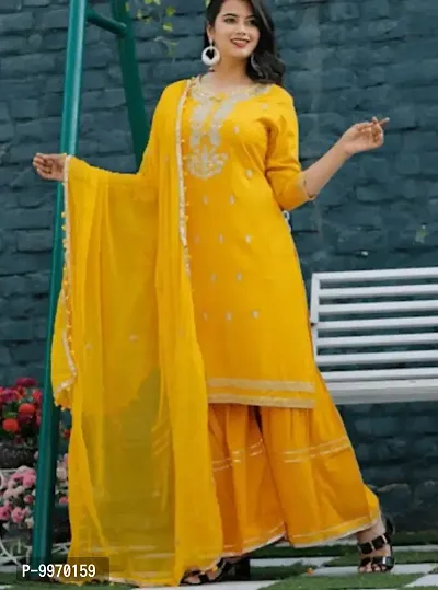 Reliable Mustard Rayon Embroidered Kurta With Sharara And Dupatta Set For Women