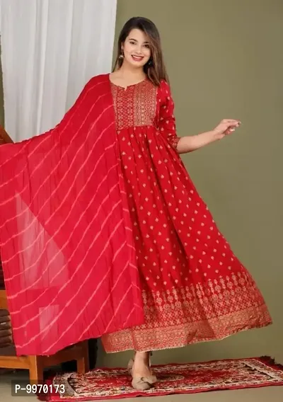 Reliable Red Rayon Slub Foil Print Stitched Gown And Dupatta Set For Women-thumb0