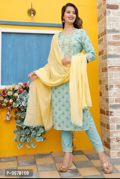 Reliable Turquoise Cotton Floral Print Kurta With Pant And Dupatta Set For Women-thumb0