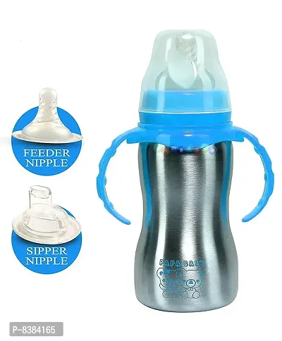 DOMENICO Baby Feeding Bottle in Stainless Steel rganic Kidz High Grade Stainless Steel 2 in 1 Sipper and Feeding Bottle with Silicone Nipple for Baby (240 ml)-thumb0