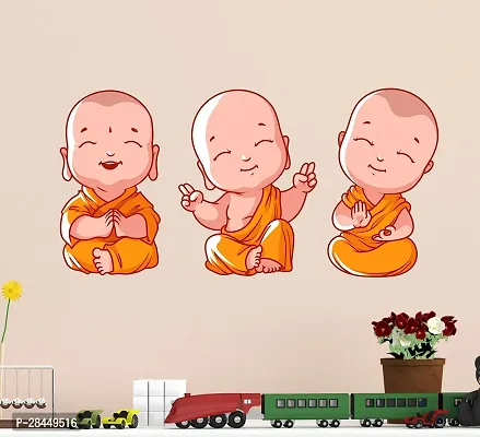 Decals Design Buddha Design Three Baby Monk Pvc Wall Sticker Pvc Vinyl, 60X45Cm, Multicolor 6400062-thumb0