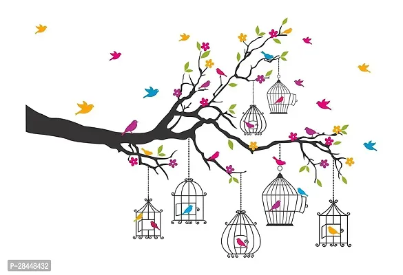 Branches With Flowers And Birds Cages Wall Sticker Pvc Vinyl, 50 Cm X 70 Cm,Multicolour-thumb0