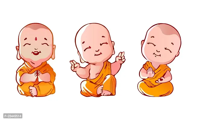 Buddha Design Three Baby Monk Wall Sticker Pvc Vinyl, 60 Cm X 45 Cm, Multicolour-thumb0