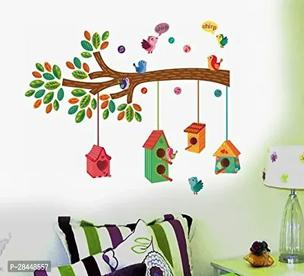 Bird House On A Branch Wall Sticker Pvc Vinyl, 70 Cm X 25 Cm, Multicolour-thumb0