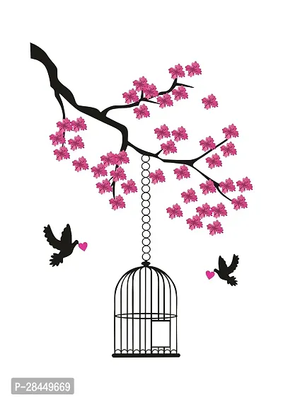 Tree With Colorful Leaves Flower Birds Cage Decorative Pvc Vinyl Wall Sticker Multicolor, 101.6 Cm X 71.12 Cm-thumb0