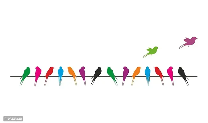 Colourful Birds With Long Tail On Wire Wall Sticker Pvc Vinyl, 70 Cm X 25 Cm, Multicolour-thumb0