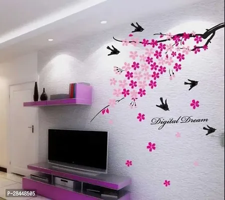 Flower Branch With Birds Wall Sticker Pvc Vinyl, 50 Cm X 70 Cm,Multicolour-thumb0