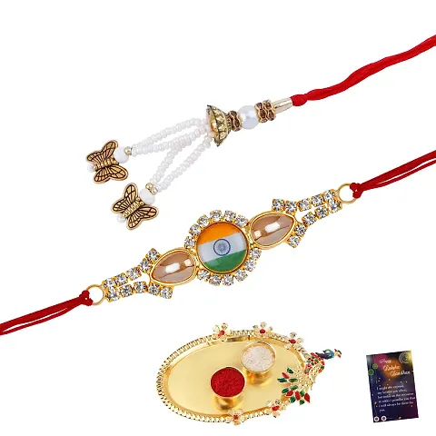 Rakhi Combo Of 2 Rakhi For Bhabhi Bhaiya/Brother/Bhai With Roli Chawal And 1 Greeting Card,1 Pooja Thali