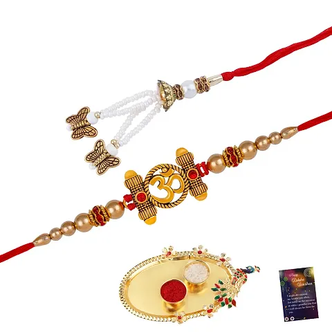 Rakhi Combo Of 2 Rakhi For Bhabhi Bhaiya/Brother/Bhai With Roli Chawal And 1 Greeting Card,1 Pooja Thali