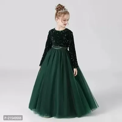 Trendy Round Neck Green sequin work full length western wear dress for girls