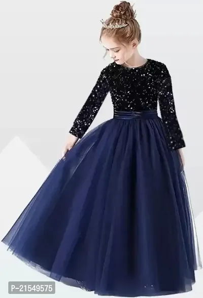 Trendy Round Neck navy blue sequin work full length western wear dress for girls-thumb0