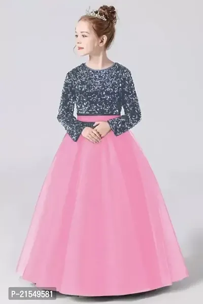 Trendy Round Neck Pink sequin work full length western wear dress for girls