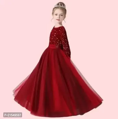 Trendy Round Neck Red sequin work full length western wear dress for girls-thumb0