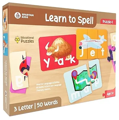 Spartan Kids Learn To Spell Puzzle 1-150 Piece Spelling Puzzle - Learn To Spell 3 Letter 50 Words - Early Educational Pre School Puzzle Toys For 3+ Years Kid