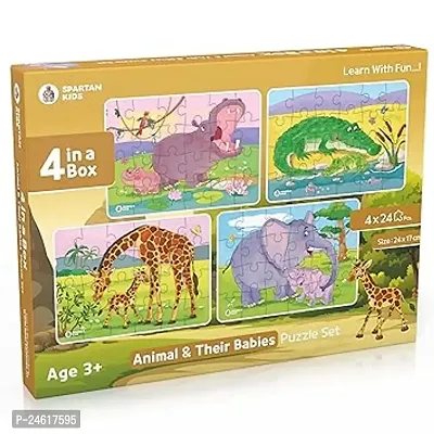 Spartan Kids Animal And Their Babies Jigsaw Puzzle For Kids Of Age 3-5 Years, Set Of 4-96 Puzzle Pcs (Multicolour, Size 24X17 Cm)