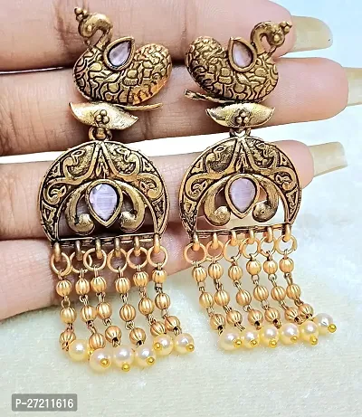 small golden beads peacock design earring 1 pair