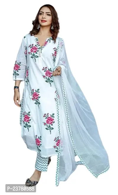 A-Line White  Cotton Kurta Bottom Set For Ladies