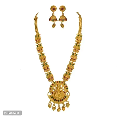 Shimmering Alloy Long Laxmi Temple Jewellery Set For Women And Girls