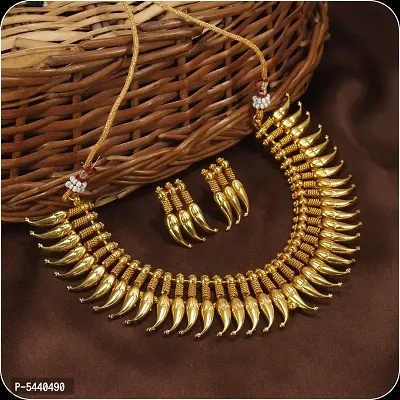 Shimmering Copper Traditional Leaf Shape Gold Plated Jeweller Set For Women And Girls