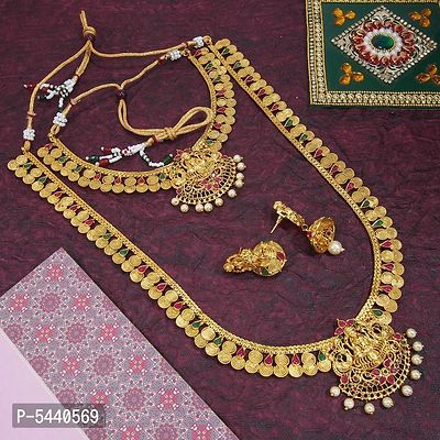 Shimmering Copper Stylish Temple Laxmi Gold Plated Combo Necklace Set For Women And Girls-thumb0