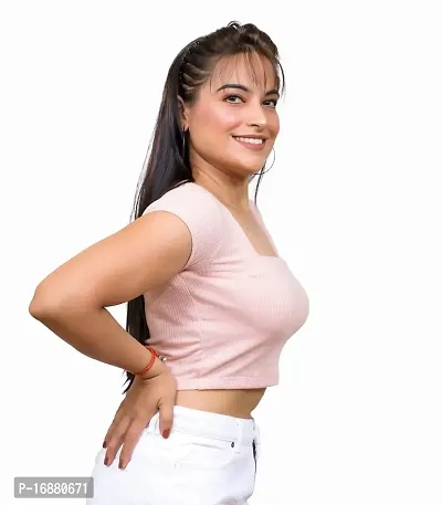 Aripio Ribbed Broad Square Neck Peach top (Large)-thumb2