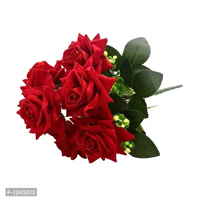 Daissy Raise Artificial Velvet Rose Bouquet Natural Looking Leaves (Red Multicolor Rose Artificial Flower (15 inch, Pack of 1, Flower Bunch)-thumb3