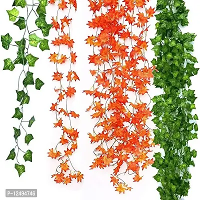 Artificial Ivy Garlands Leafs Creepers (6 Strings) Silk Greenery Hanging Vines Garlands Creeper Leaves for Decoration (3 Green + 3 Orange Strings, 6 Foot Each) (30 Leaves in Each).