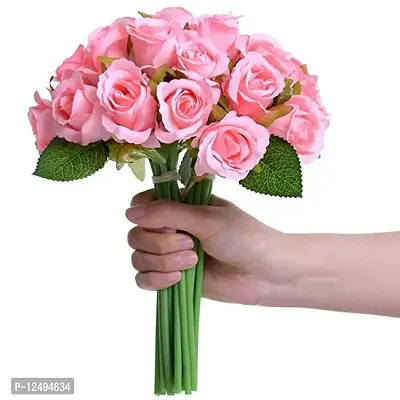 Daissy Raise Artificial Rose Flowers Bunches for Vase (12 Heads, 24 cm, Light Pink)