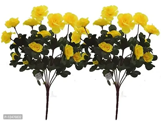 Daissy Raise Artificial Mini Aialea Flower Bunches (34 cm Tall, 7 Branches, Set of 2, Yellow)