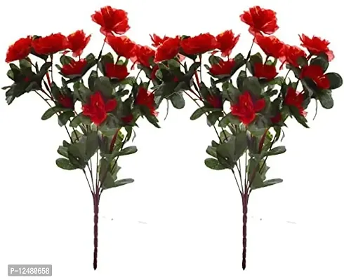 Daissy Raise Artificial Mini Aialea Flower Bunches (34 cm Tall, 7 Branches, Set of 2, Red)