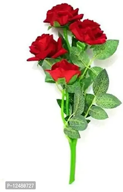 Daissy Raise Beautiful Rose Flower Bunch Natural Looking Leaves (12 inch/30cm, Red) - 5 Flowers