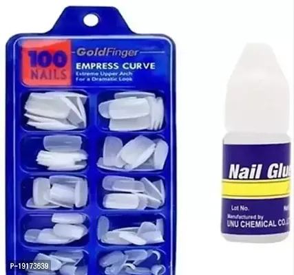 Fake Nails With Glue Kit| Artificial Nails Set Acrylic Fake|Women Professional Artificial 100 False Nail White with 3gm nail glue-thumb0