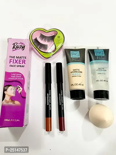 Combo of 7 Product - fixer+2pc matte lipstick+foundation+primer+puff+eyelashes-thumb0