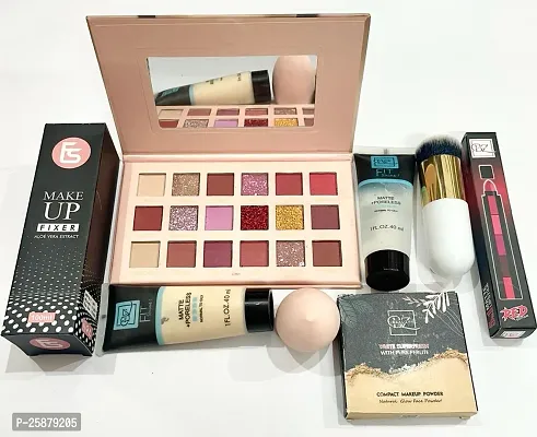 Combo of 8- product-fixer+nude eyeshadow kit+primer+foundation+compact+puff+white bulet brush+5in1 lipstick