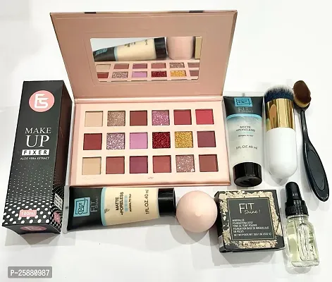 Combo of 9- product-fixer+nude eyeshadow kit+primer+foundation+compact+puff+white bulet brush+oval brush+serum