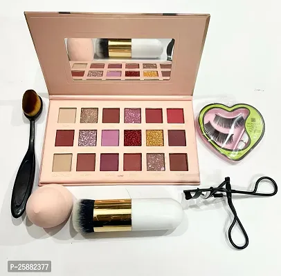 Combo of 6- product-nude eyeshadow kit+puff+white bulet brush+oval brush+eyelashes+curler