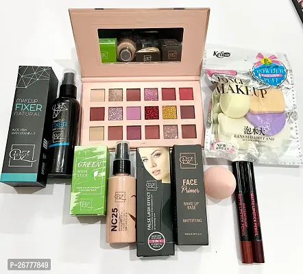 fixer+nude eyeshadow+pkt puff+green stick mask+3in1+pump primer+puff+2pc pencil lipstick-thumb0