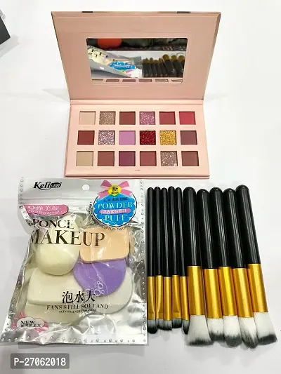 nude eyeshadow+6pc pkt puff+10pc black makeup brush-thumb0